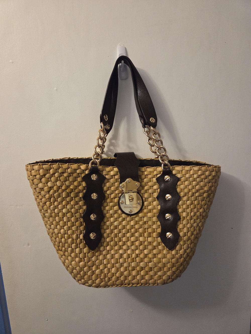 Michael Kors Santorini Straw Woven Tote with Dark Brown Leather Trim